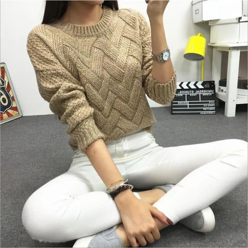 Cable  Pullover Female Casual Plaid  Sweater