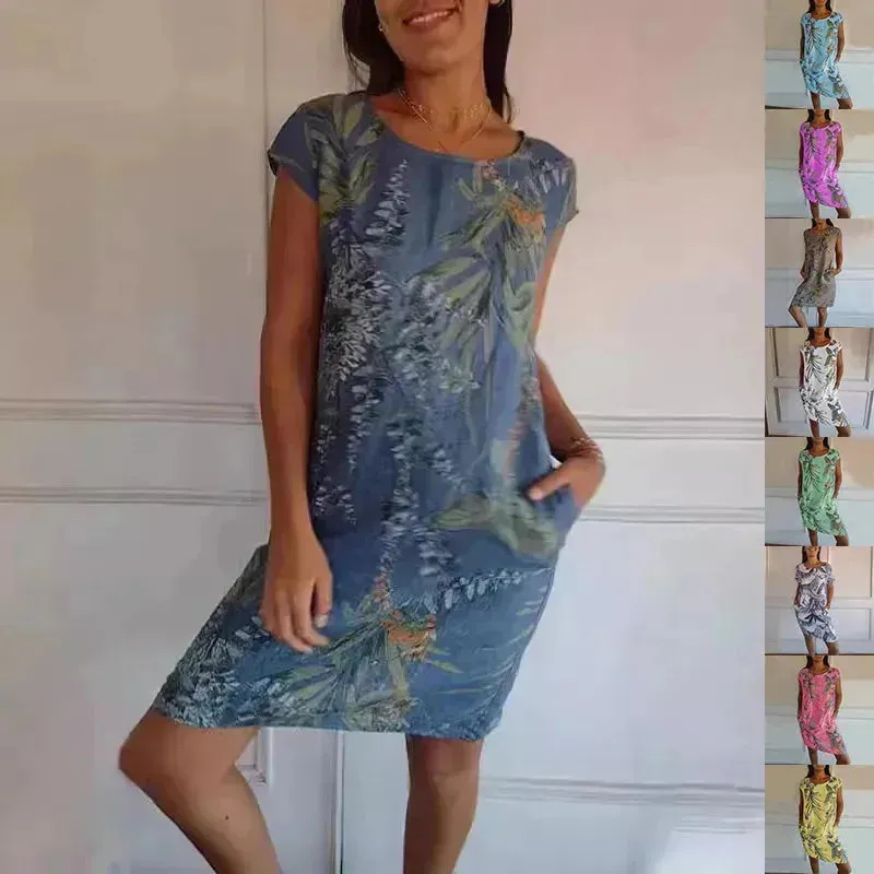 Casual Floral Printed Straight Dress Summer Loose Round Neck Short Sleeve Midi Dresses Womens Clothing