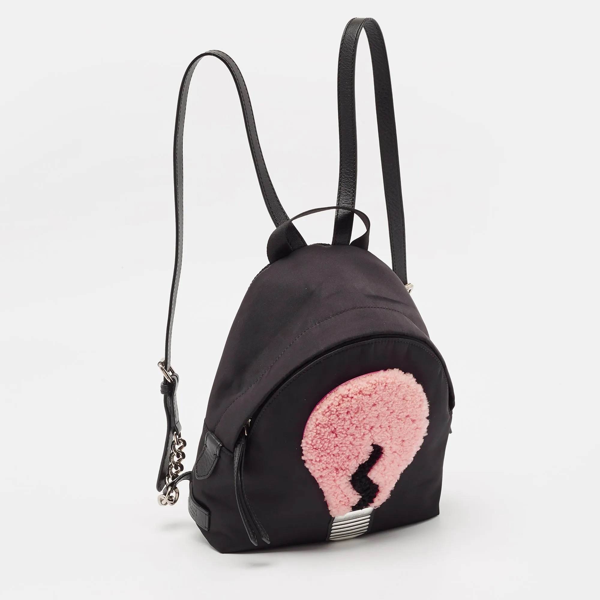 Fendi Black Nylon And Shearling Mini Dolce Lightbulb Backpack