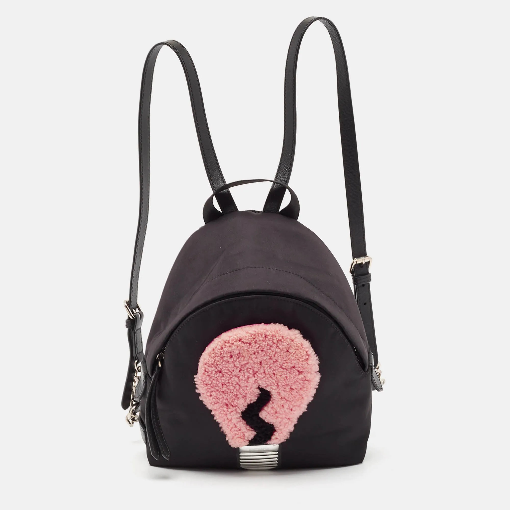 Fendi Black Nylon And Shearling Mini Dolce Lightbulb Backpack