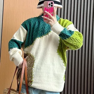 Hit Color Casual Sweaters For Women Round Neck Long Sleeve Loose Vintage Irregular Knitting Sweater Female Fashion