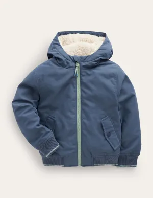 Hooded Lined Bomber Jacket-Robot Blue