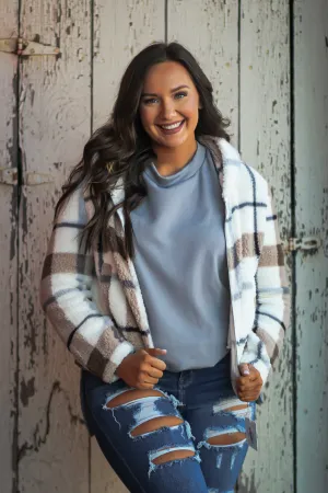 Ivory & Mocha Plaid Zip Up Sherpa Jacket