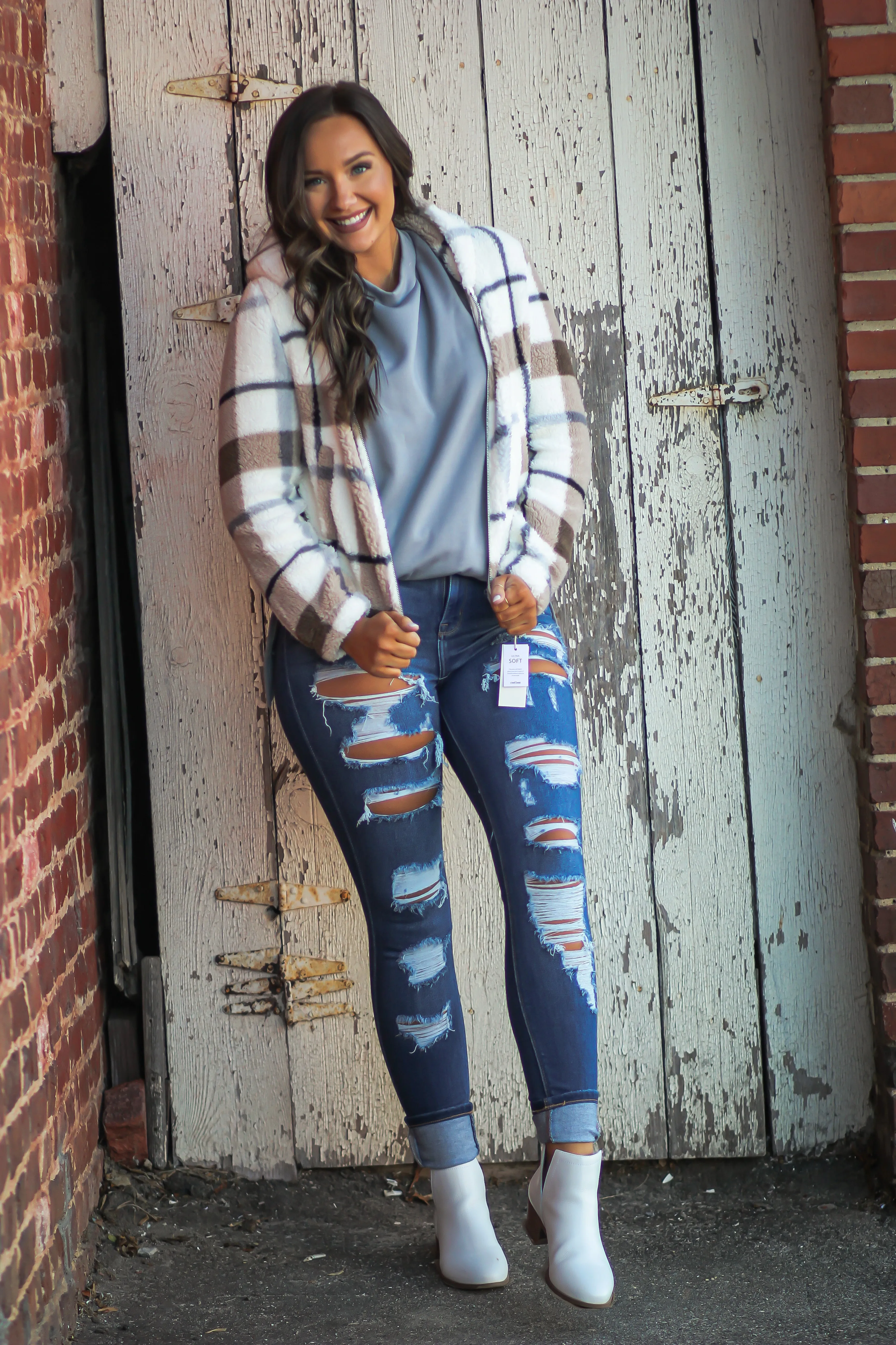 Ivory & Mocha Plaid Zip Up Sherpa Jacket