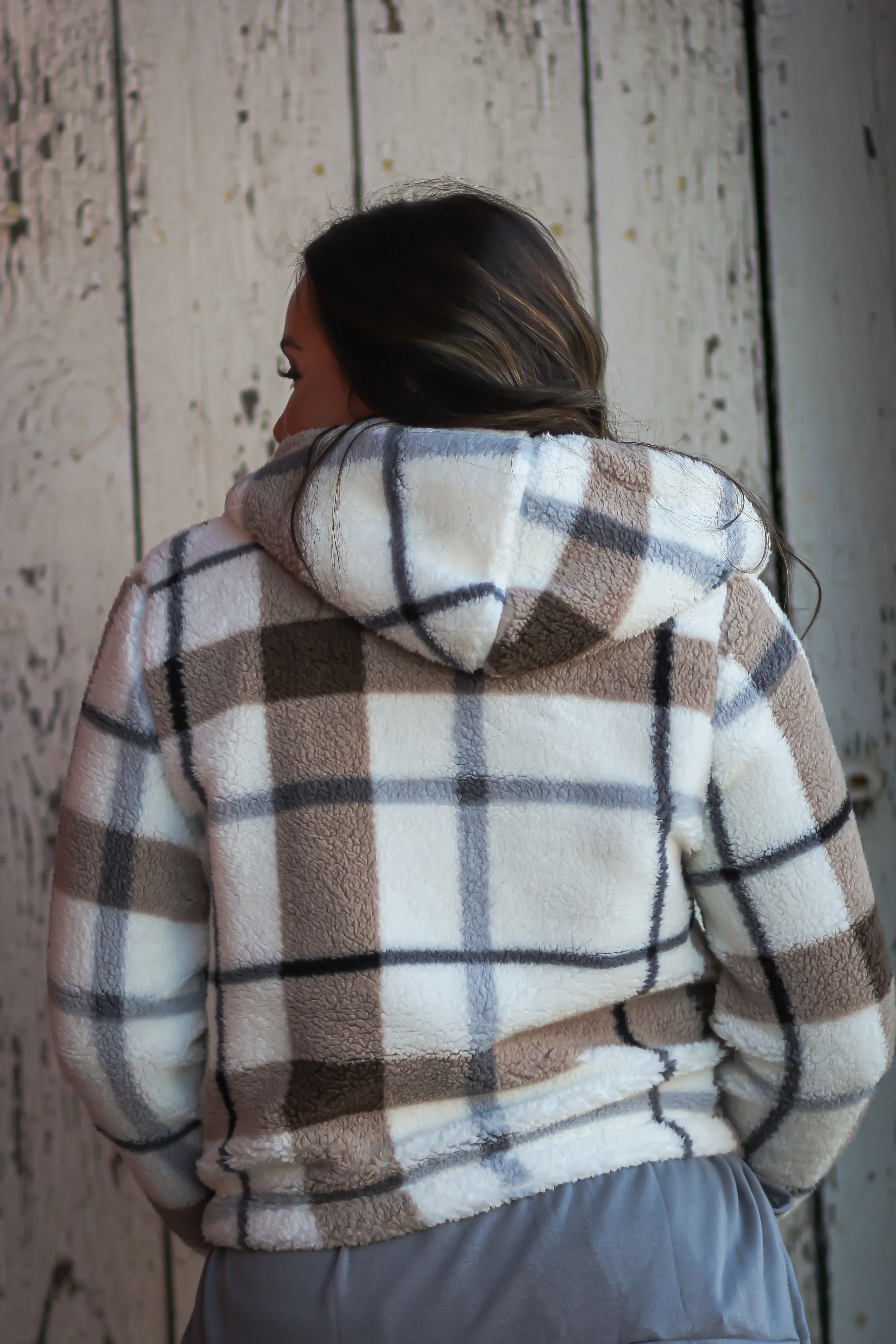 Ivory & Mocha Plaid Zip Up Sherpa Jacket
