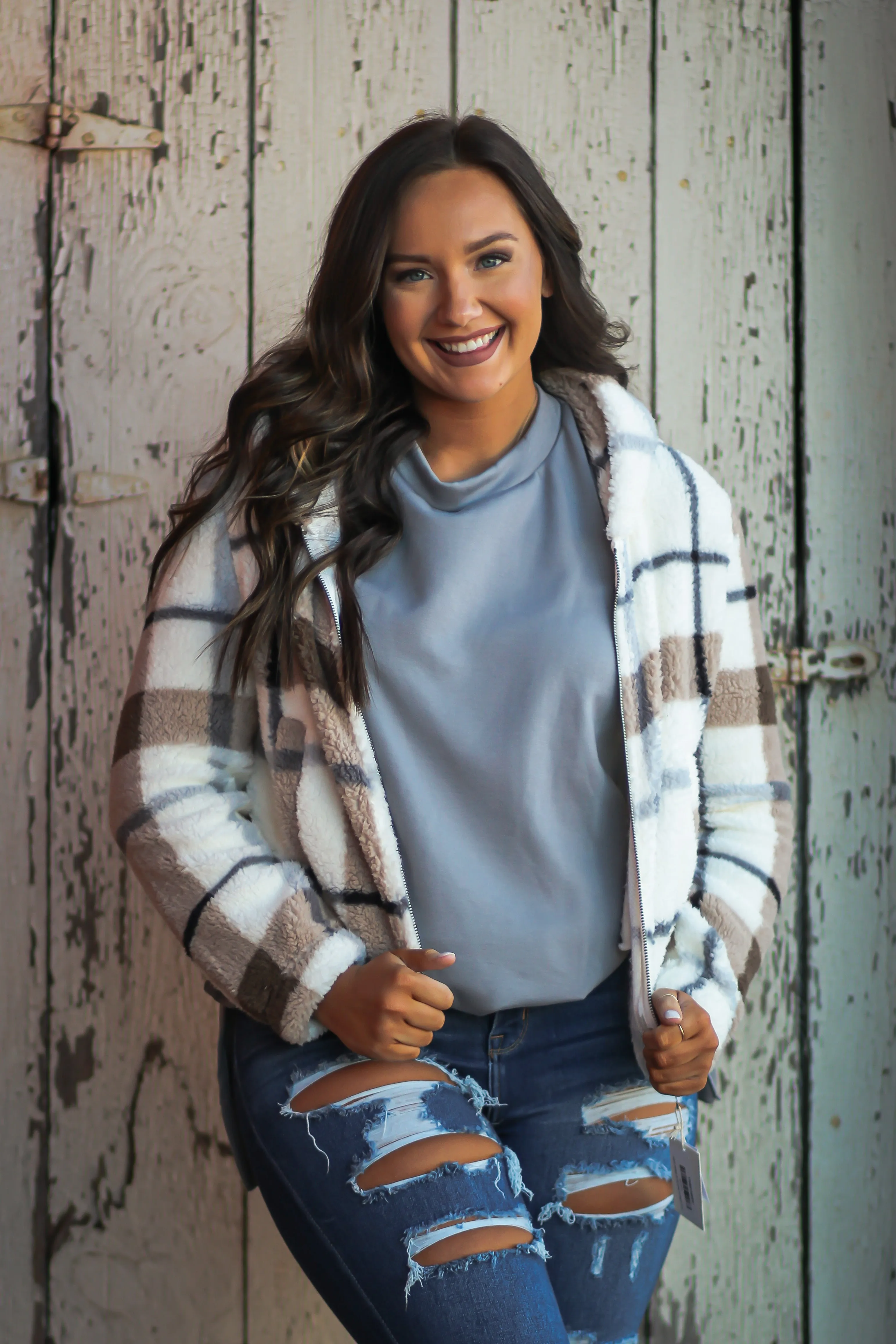 Ivory & Mocha Plaid Zip Up Sherpa Jacket