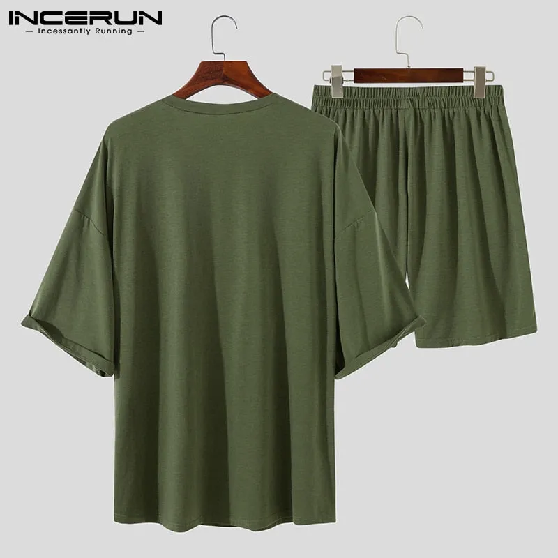 Men Sets Solid Color 2023 Summer O Neck Half Sleeve T Shirts Elastic Waist Shorts Streetwear Loose Casual Men Suits 5XL INCERUN