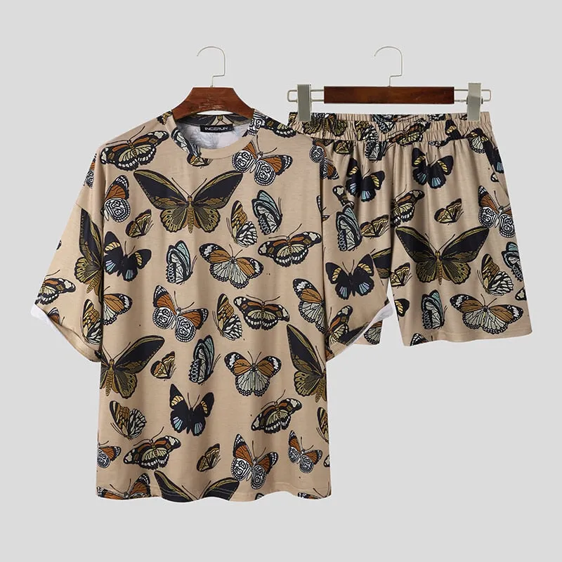 Men Sets Solid Color 2023 Summer O Neck Half Sleeve T Shirts Elastic Waist Shorts Streetwear Loose Casual Men Suits 5XL INCERUN