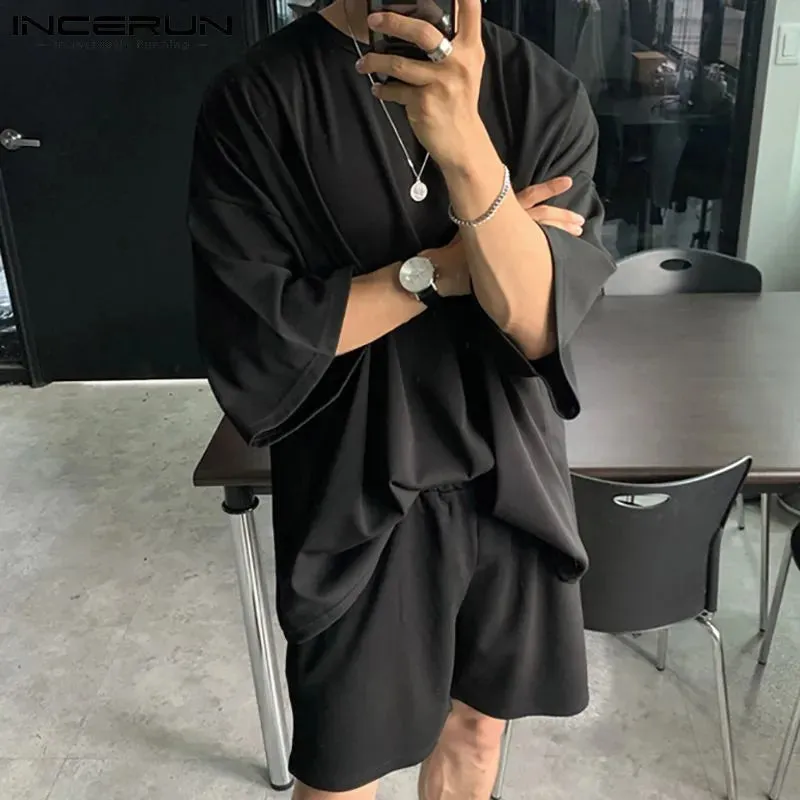 Men Sets Solid Color 2023 Summer O Neck Half Sleeve T Shirts Elastic Waist Shorts Streetwear Loose Casual Men Suits 5XL INCERUN