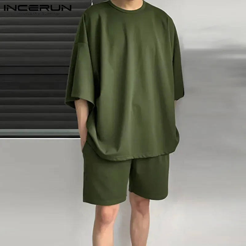 Men Sets Solid Color 2023 Summer O Neck Half Sleeve T Shirts Elastic Waist Shorts Streetwear Loose Casual Men Suits 5XL INCERUN