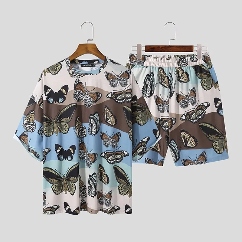 Men Sets Solid Color 2023 Summer O Neck Half Sleeve T Shirts Elastic Waist Shorts Streetwear Loose Casual Men Suits 5XL INCERUN