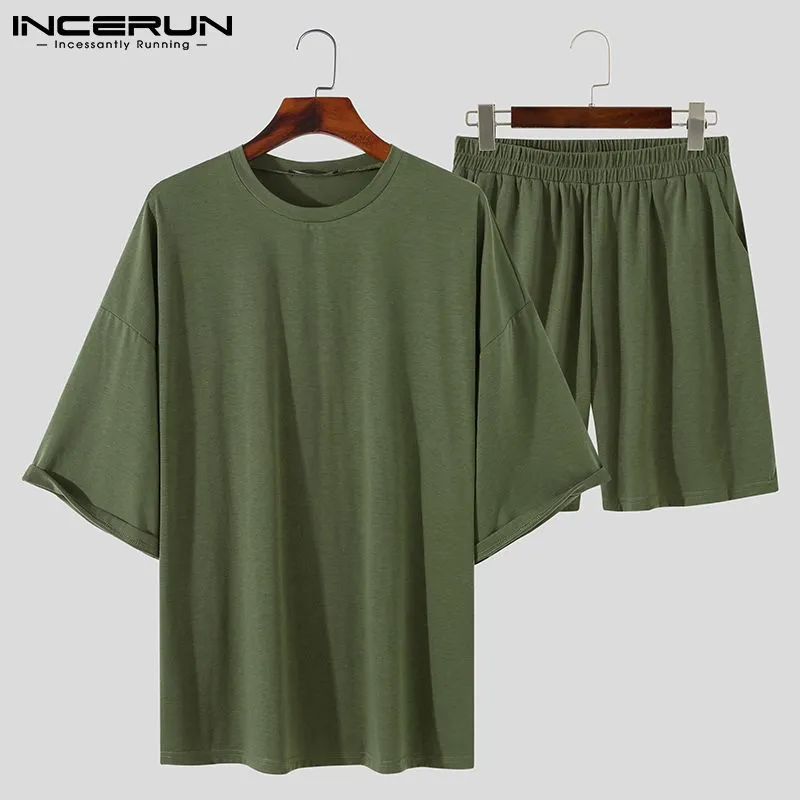 Men Sets Solid Color 2023 Summer O Neck Half Sleeve T Shirts Elastic Waist Shorts Streetwear Loose Casual Men Suits 5XL INCERUN