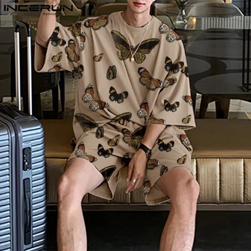 Men Sets Solid Color 2023 Summer O Neck Half Sleeve T Shirts Elastic Waist Shorts Streetwear Loose Casual Men Suits 5XL INCERUN