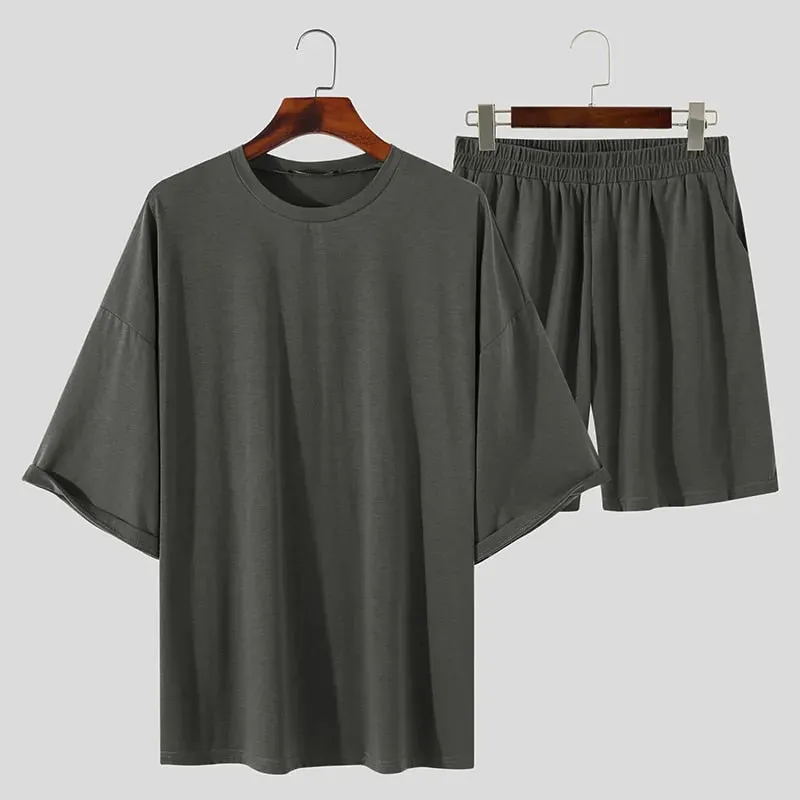 Men Sets Solid Color 2023 Summer O Neck Half Sleeve T Shirts Elastic Waist Shorts Streetwear Loose Casual Men Suits 5XL INCERUN
