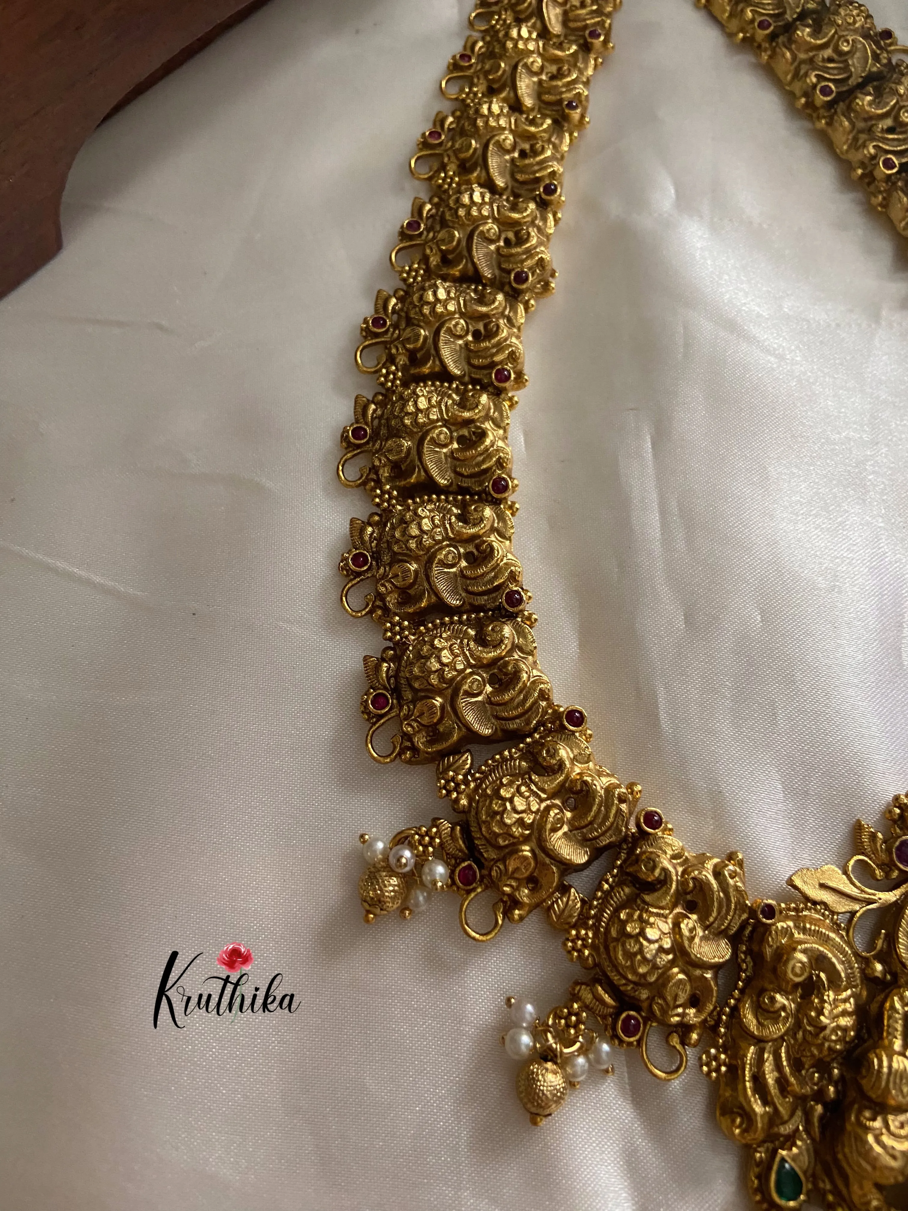 Premium polish Lakshmi Devi peacock green bead drops Haaram LH380