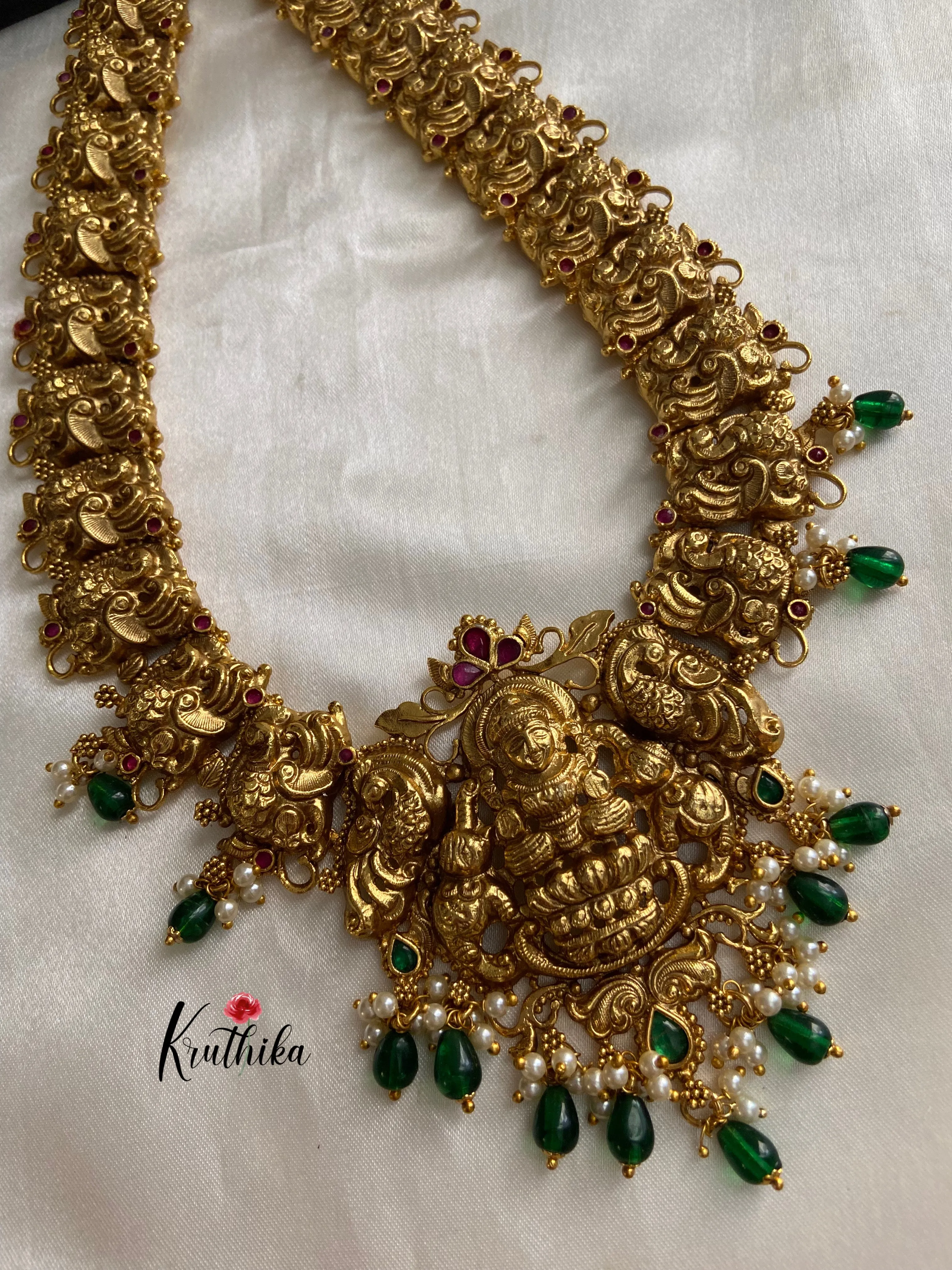 Premium polish Lakshmi Devi peacock green bead drops Haaram LH380
