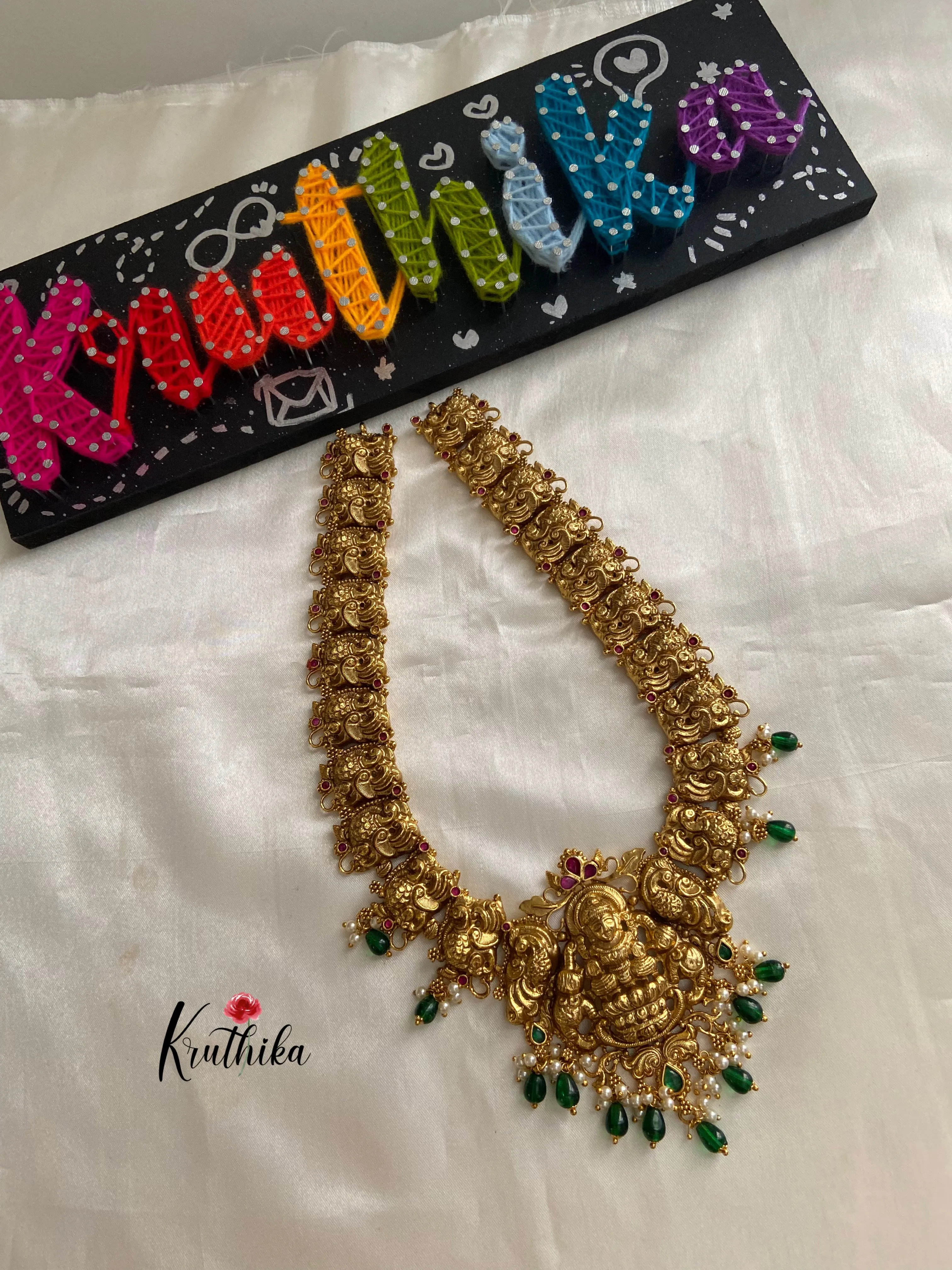 Premium polish Lakshmi Devi peacock green bead drops Haaram LH380