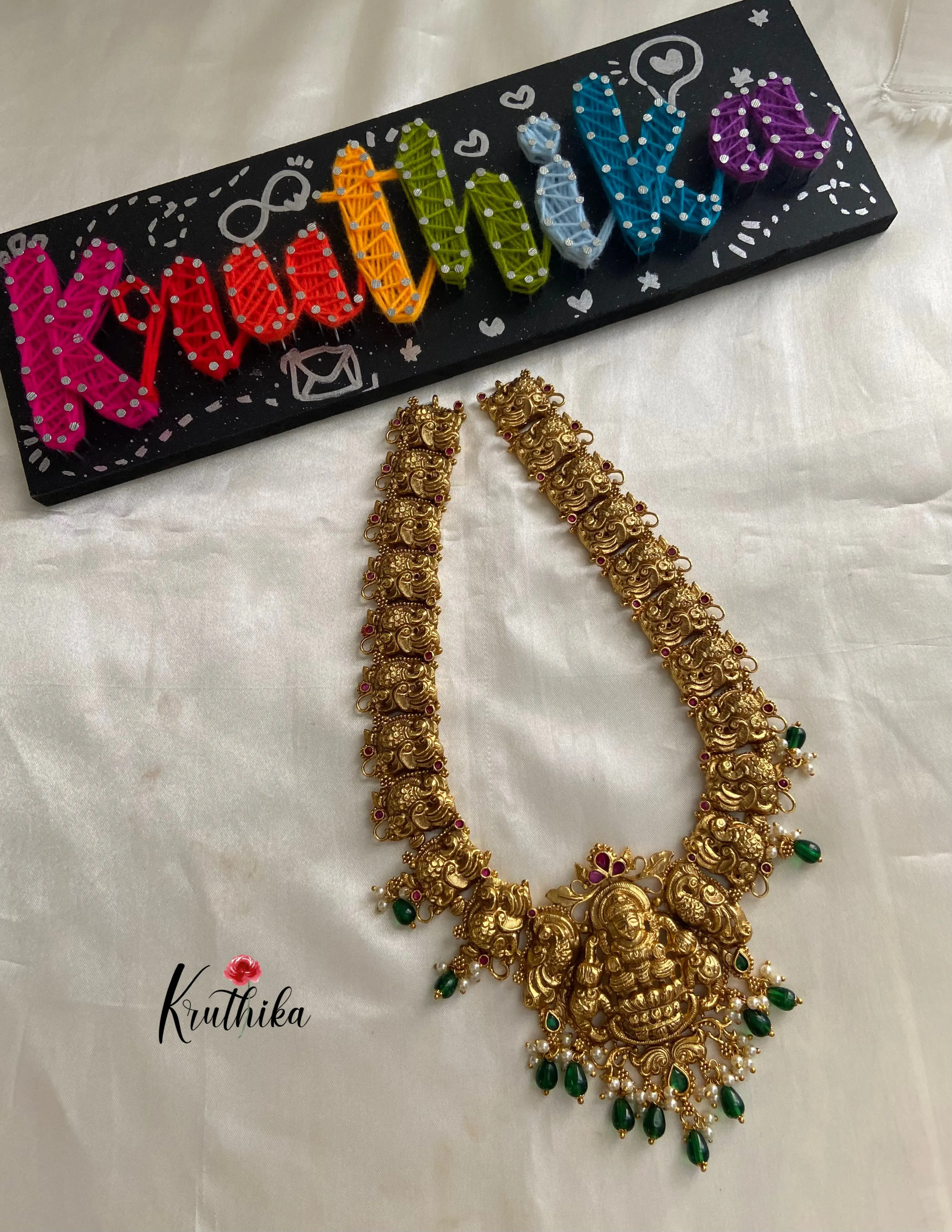 Premium polish Lakshmi Devi peacock green bead drops Haaram LH380