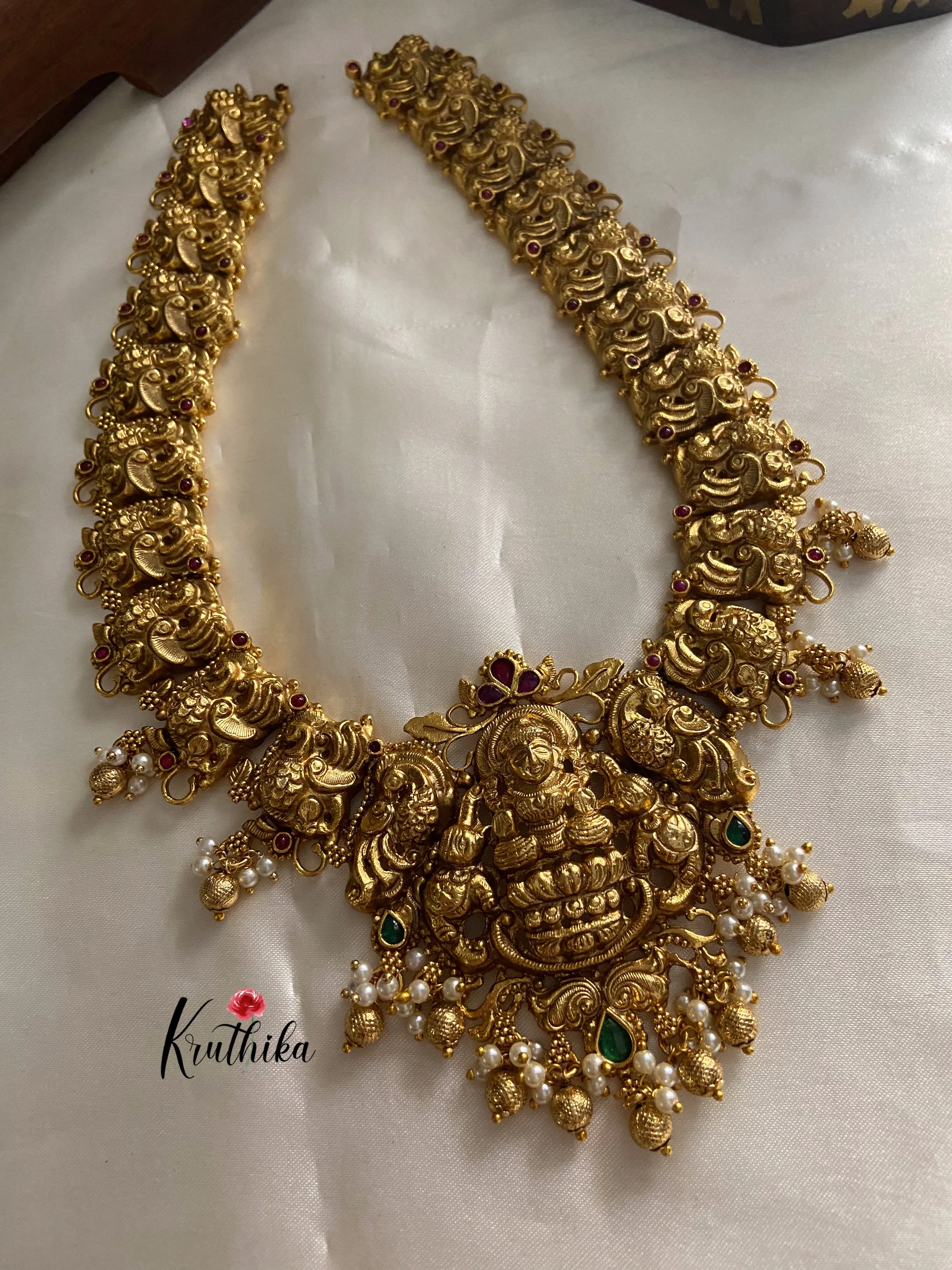 Premium polish Lakshmi Devi peacock green bead drops Haaram LH380