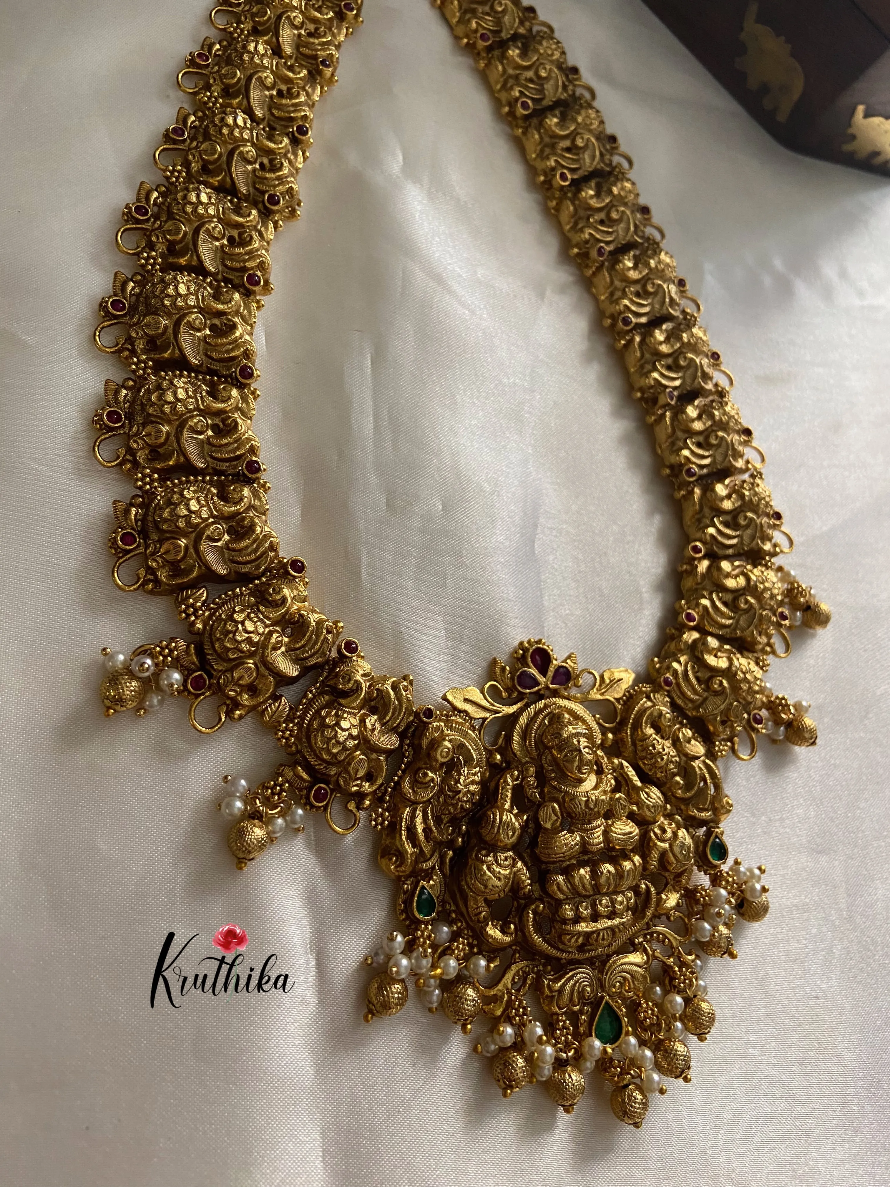 Premium polish Lakshmi Devi peacock green bead drops Haaram LH380