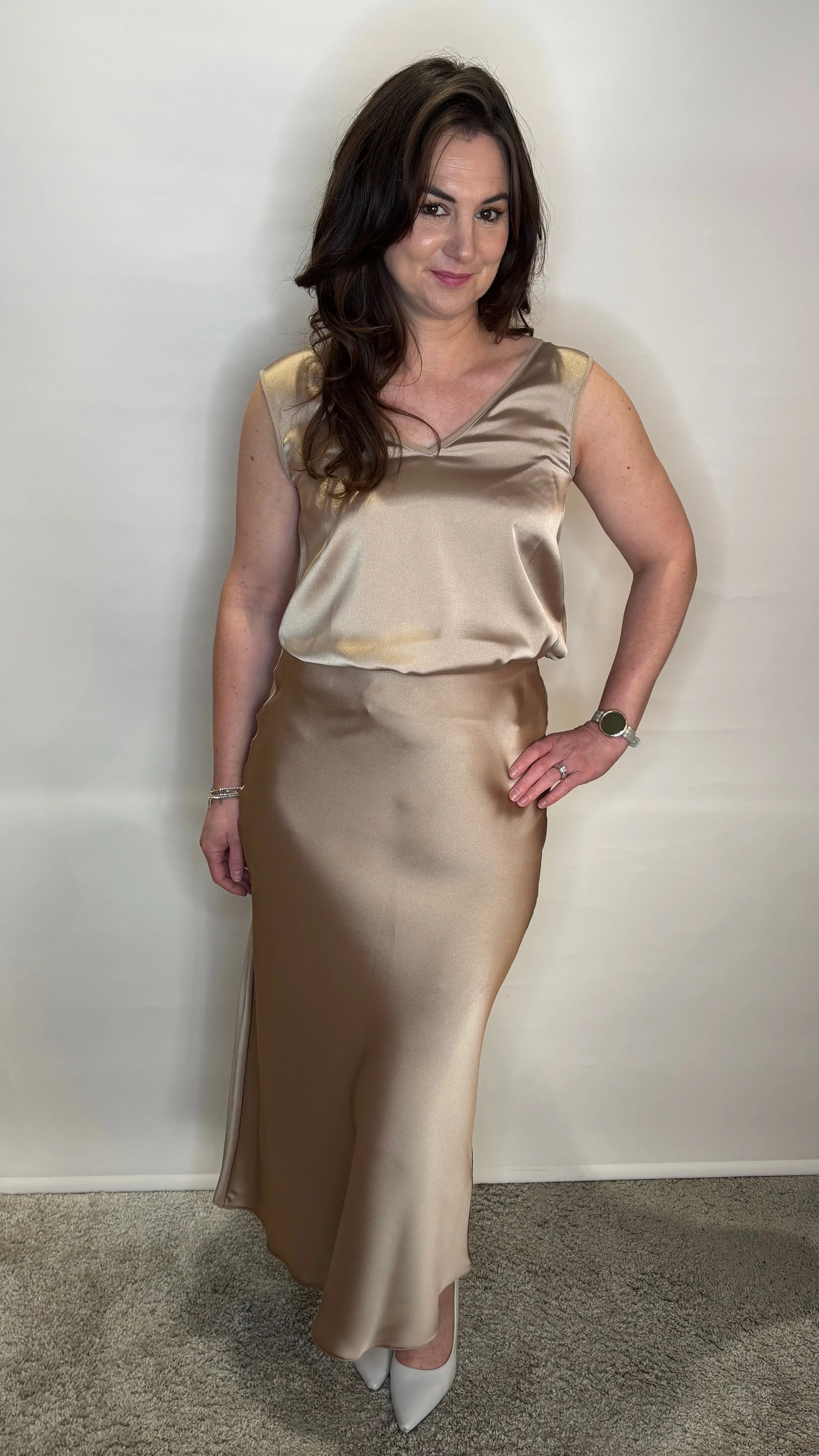 Satin Elegance V-Neck Cami - Ecru