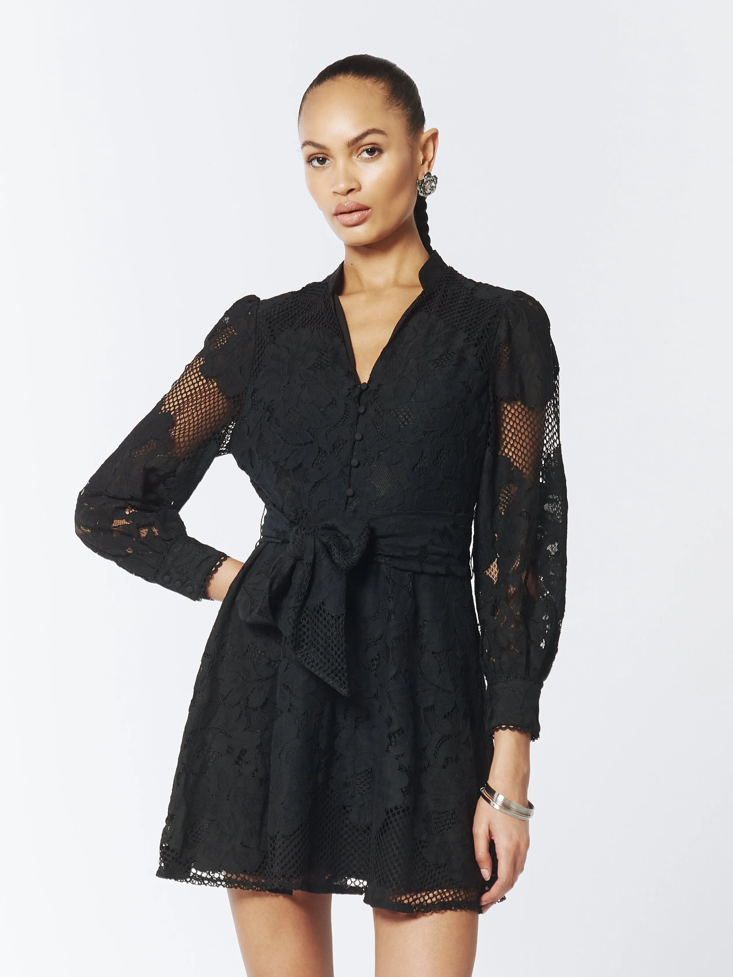 Sheer Lace Long Sleeve Mini Dress in Black