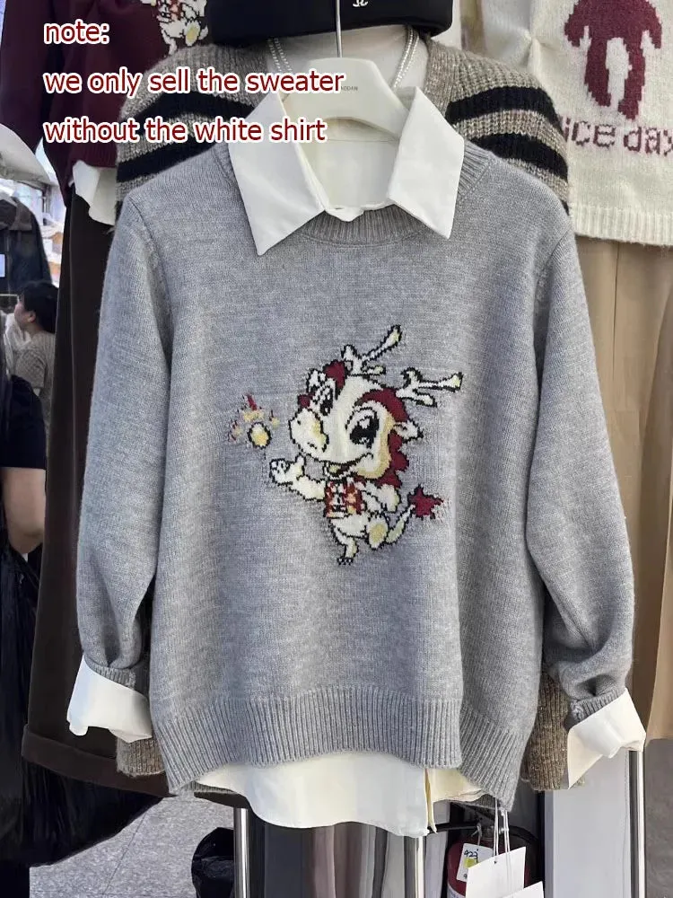 Sweet Sweater Pullover Women Cartoon Pullover Autumn Winter Outwear Loose Vintage Knitted Tops Female Fashion C-283