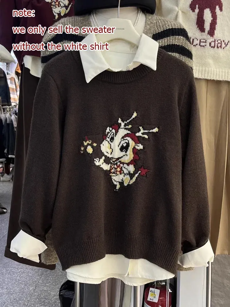 Sweet Sweater Pullover Women Cartoon Pullover Autumn Winter Outwear Loose Vintage Knitted Tops Female Fashion C-283