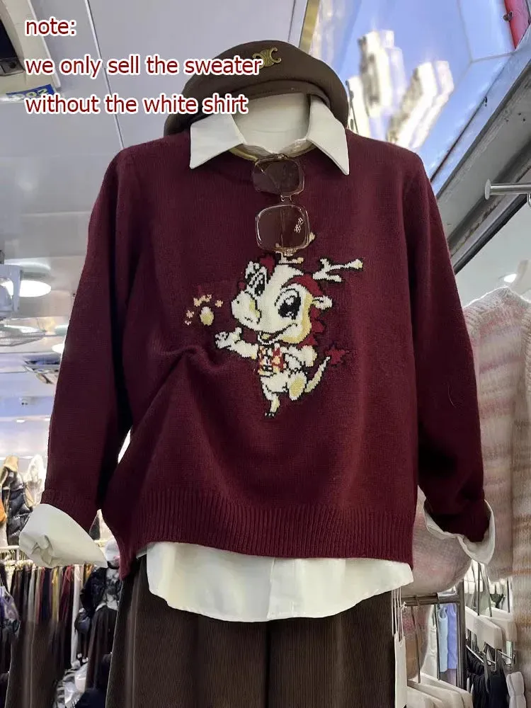 Sweet Sweater Pullover Women Cartoon Pullover Autumn Winter Outwear Loose Vintage Knitted Tops Female Fashion C-283