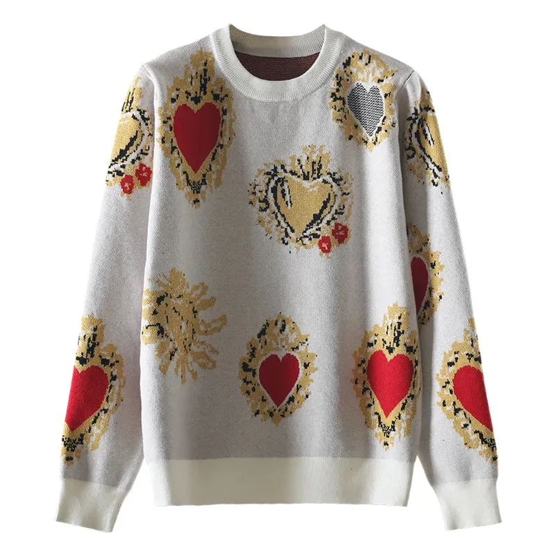 Vintag High Quality Christmas Knitted Sweater Autumn Winter Pullover Gem Heart Lurex Jacquard Knitwear Korean Loose Jumper C-025